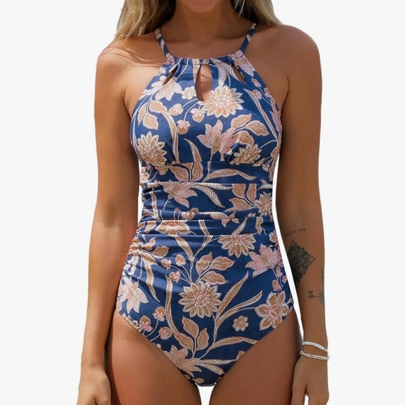 NIP CUPSHE Blue Floral One Piece Swimsuit High Neck Tummy Control Swimwear Sz:L - Picture 3 of 11